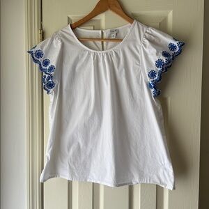 J. Crew White Blouse with Blue Embroidery